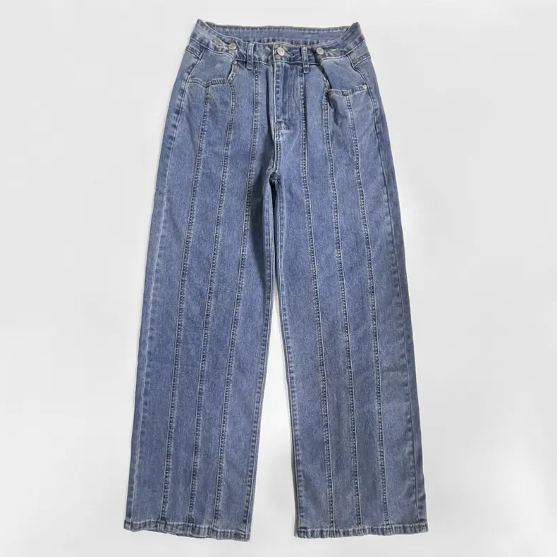 Women's Wide Leg Adjustable Button Jeans – Streetwear Baggy Denim with Vertical Line Detail