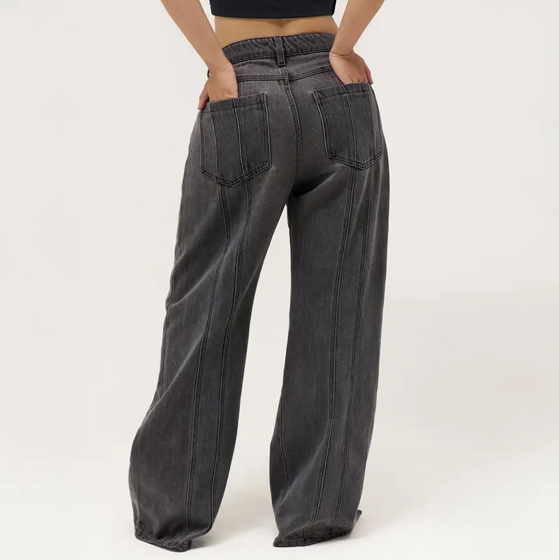 Women's Wide Leg Adjustable Button Jeans – Streetwear Baggy Denim with Vertical Line Detail
