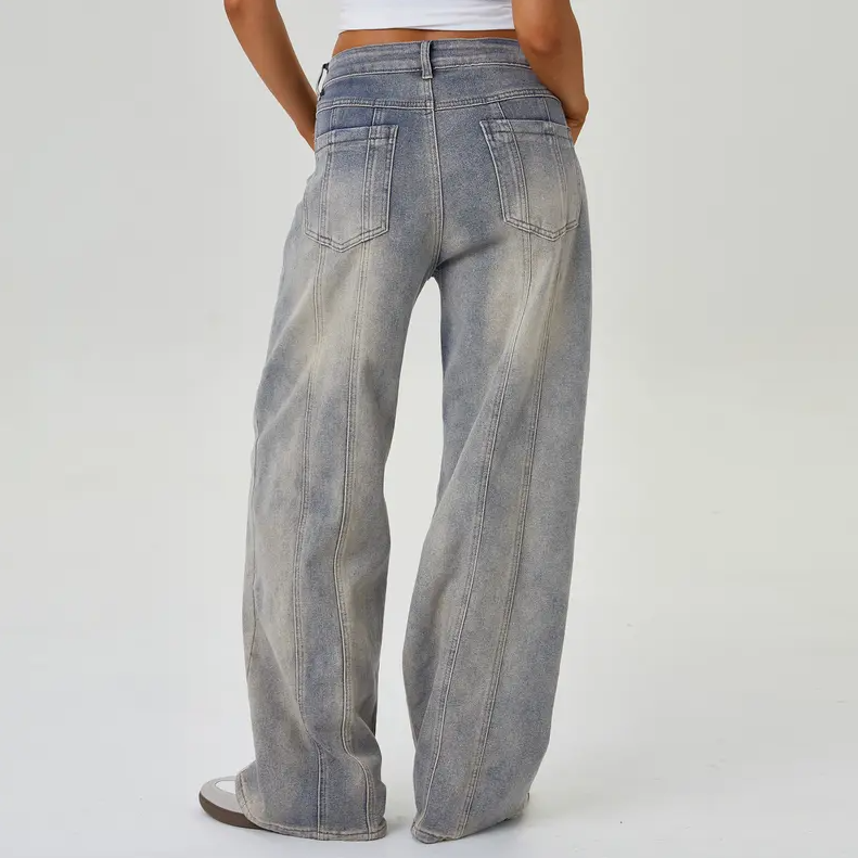 Women's Wide Leg Adjustable Button Jeans – Streetwear Baggy Denim with Vertical Line Detail