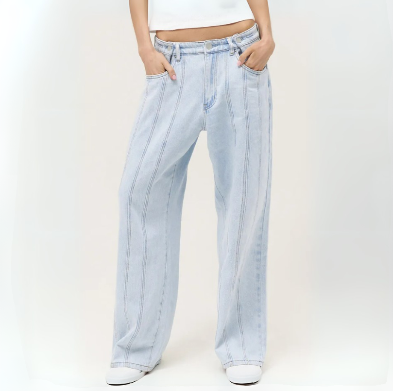 Women's Wide Leg Adjustable Button Jeans – Streetwear Baggy Denim with Vertical Line Detail