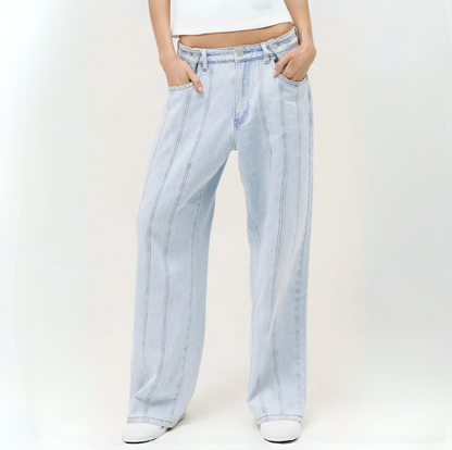 Women's Wide Leg Adjustable Button Jeans – Streetwear Baggy Denim with Vertical Line Detail