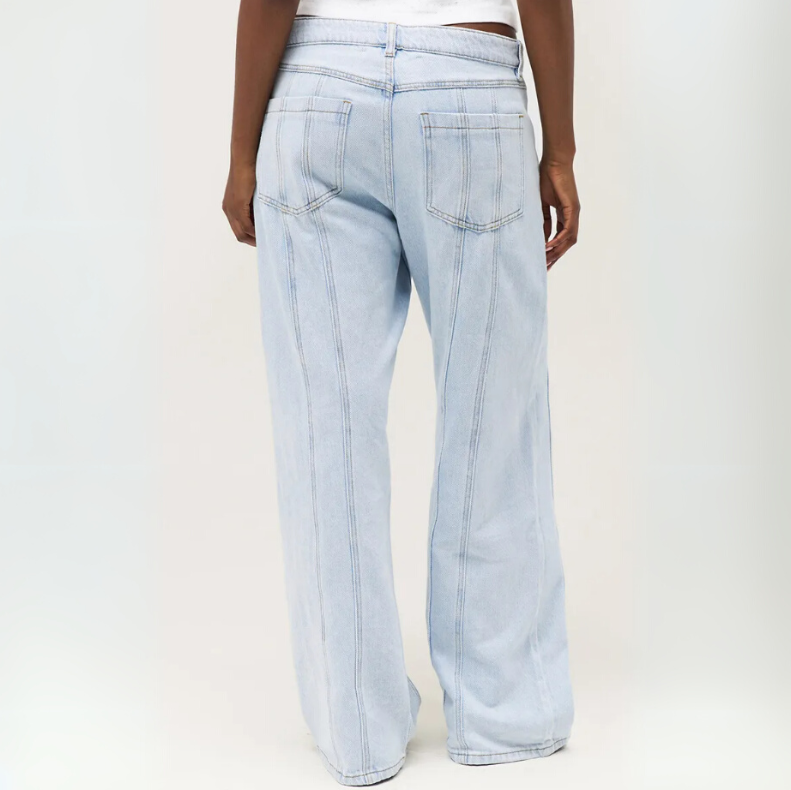 Women's Wide Leg Adjustable Button Jeans – Streetwear Baggy Denim with Vertical Line Detail