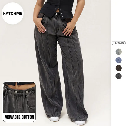 Women's Wide Leg Adjustable Button Jeans – Streetwear Baggy Denim with Vertical Line Detail
