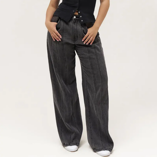 Women's Wide Leg Adjustable Button Jeans – Streetwear Baggy Denim with Vertical Line Detail