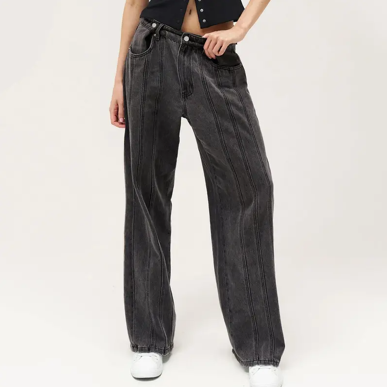Women's Wide Leg Adjustable Button Jeans – Streetwear Baggy Denim with Vertical Line Detail