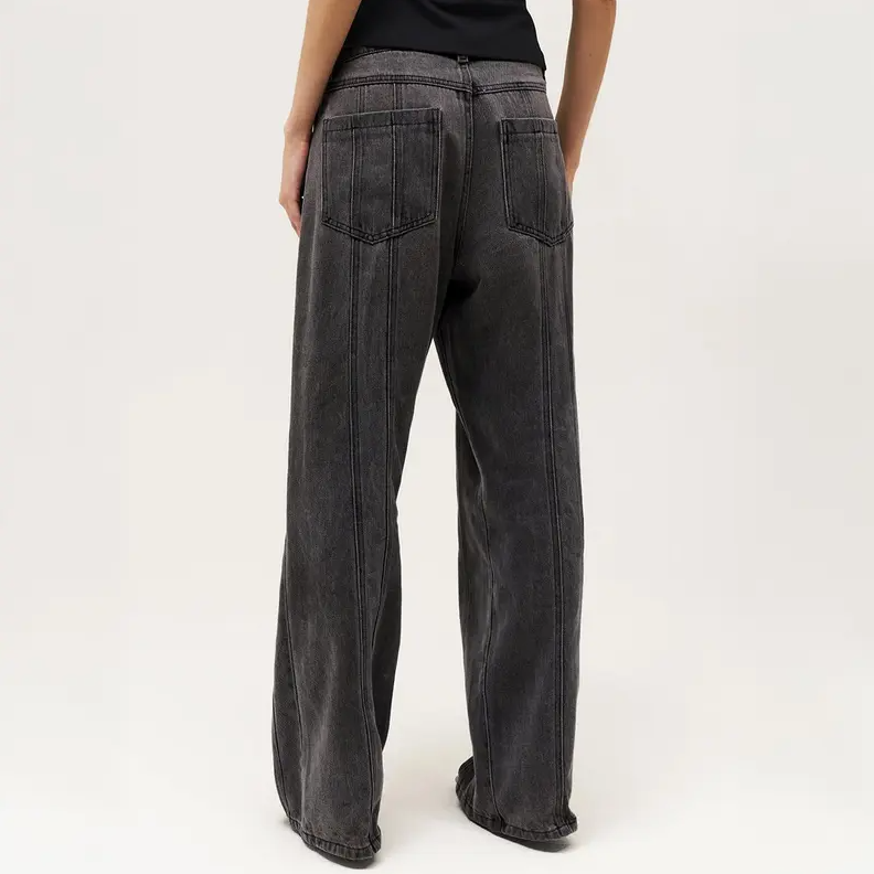 Women's Wide Leg Adjustable Button Jeans – Streetwear Baggy Denim with Vertical Line Detail