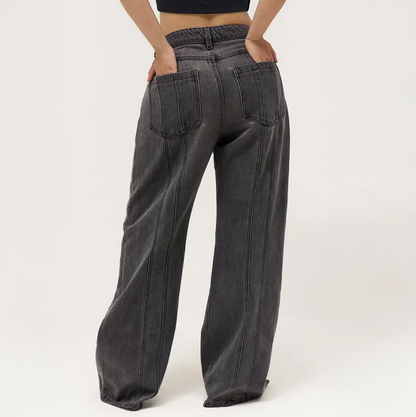 Women's Wide Leg Adjustable Button Jeans – Streetwear Baggy Denim with Vertical Line Detail