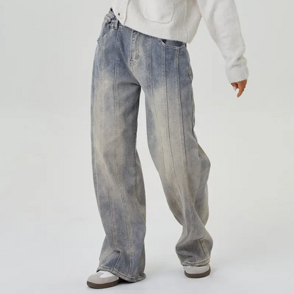 Women's Wide Leg Adjustable Button Jeans – Streetwear Baggy Denim with Vertical Line Detail