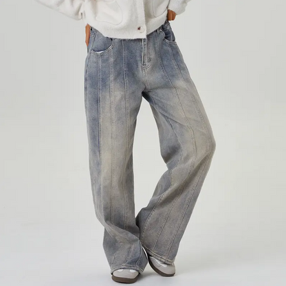 Women's Wide Leg Adjustable Button Jeans – Streetwear Baggy Denim with Vertical Line Detail