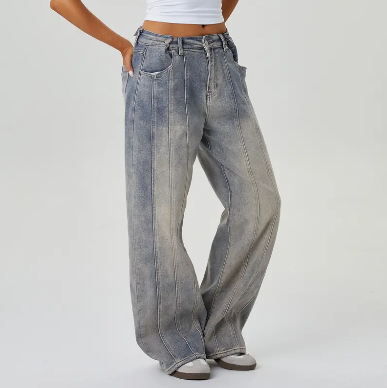 Women's Wide Leg Adjustable Button Jeans – Streetwear Baggy Denim with Vertical Line Detail