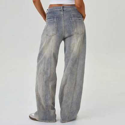 Women's Wide Leg Adjustable Button Jeans – Streetwear Baggy Denim with Vertical Line Detail